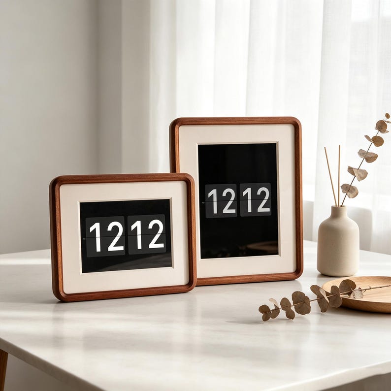 May include: Two rectangular digital flip clocks with dark wood frames and white matting. The clocks feature black displays showing the time 12:12 in white numerals. One clock is oriented horizontally, while the other is oriented vertically.