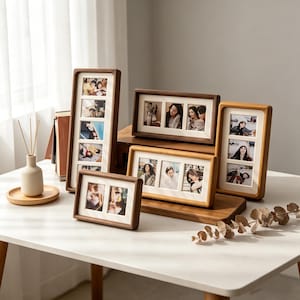 May include: A collection of five rectangular wooden picture frames in varying sizes and orientations, each featuring white matting and multiple openings for photographs. The frames are arranged on a white surface, showcasing natural wood grain textures.