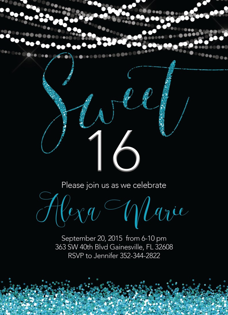 Turquoise and Black Sweet 16 Birthday Invitation Etsy