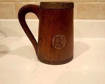 Vintage turned wood and metal tankard