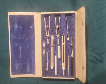 Vintage Protractor Set: Compasses, Drafting Tools and Case.