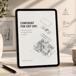 Może przedstawiać: Tablet cyfrowy wyświetlający przewodnik zatytułowany Confident for Crit Day: A Rhino 3D Guide for Architecture Students autorstwa Casoro Designs. Ekran pokazuje izometryczny rysunek planu architektonicznego z ikonami pobierania i PDF.