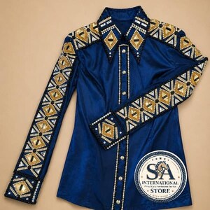 Camicia da concorso western blu royal con maniche decorate con diamanti dorati / Camicia da equitazione da donna per showmanship e rodeo / Top personalizzato per la giornata equestre