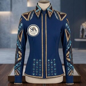 Royal Blue Western Show Shirt with Gold & Teal Crystals, Rodeo Queen Bling Top, Equestrian Showmanship Shirt, Horsemanship Riding Apparel