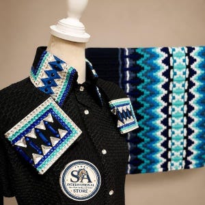 Camisa de exhibición vaquera negra y conjunto de manta de silla de montar a juego / Camisa de exhibición ecuestre azul real y turquesa con cristales / Reina del rodeo,