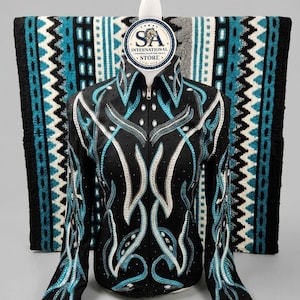 Black and Teal Western Show Shirt with Matching Saddle Blanket Set | Rhinestone Horsemanship Jacket Combo | Rodeo Queen Showmanship Set
