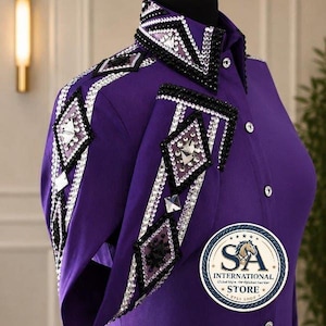 Camicia da equitazione Western viola reale per donna - Blusa da concorso ippico personalizzata con cristalli neri e trasparenti - Abbigliamento da equitazione Rodeo Queen