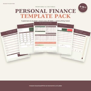 Può includere: Un pacchetto di modelli per la finanza personale 5-in-1 che include cinque planner stampabili e modificabili per budget, risparmio e rimborso debiti. I documenti includono una lista di controllo per i pagamenti, una sfida senza spese, un tracker di budget mensile, un tracker di obiettivi di risparmio e un tracker di rimborso debiti in tonalità marrone, verde e crema.