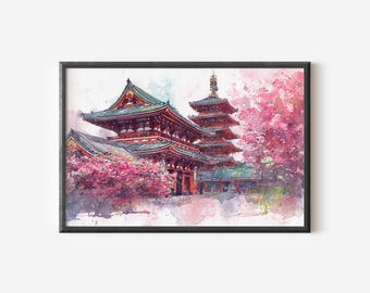 Estampa en acuarela del templo Senso-ji, arte de la pagoda de cerezos en flor de Tokio