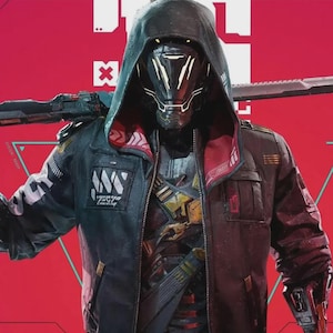May include: A hooded jacket featuring a black and dark red color scheme with white geometric graphics on the chest and sleeves. The garment is worn over a metallic chest piece, and a long, straight blade rests horizontally across the shoulders.