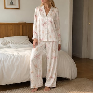Pink Ribbon Bow Satin Pajama Set with Coral Starfish Coastal Pattern for Cozy Sleepwear