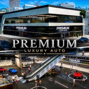 Może przedstawiać: Wielopoziomowy salon samochodów luksusowych z nowoczesną szklano-białą fasadą, zawierający napis PREMIUM LUXURY AUTO. Wnętrze prezentuje różne samochody sportowe, schody ruchome oraz ludzi poruszających się po polerowanej podłodze.