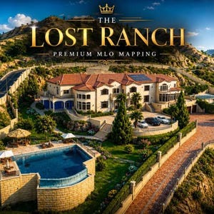 Pode incluir: Uma grande mansão de vários andares com telhado de telhas vermelhas, piscina e uma entrada sinuosa, situada em uma paisagem montanhosa. O texto THE LOST RANCH PREMIUM MLO MAPPING é exibido em letras douradas no centro superior.