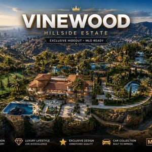 Puede incluir: Una vista aérea de una gran finca en la ladera con una mansión, piscinas y una pista de tenis. El texto dice VINEWOOD HILLSIDE ESTATE, EXCLUSIVE HIDEOUT, MLO READY, PRIVATE LOCATION, LUXURY LIFESTYLE, EXCLUSIVE DESIGN, CAR COLLECTION, MLO READY.