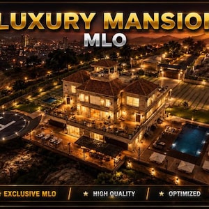 May include: An aerial night view of a multi-story mansion featuring a helipad with an H marking, a swimming pool, and illuminated outdoor areas. The text LUXURY MANSION MLO, EXCLUSIVE MLO, HIGH QUALITY, and OPTIMIZED are displayed on the image.