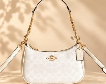 Coach Teri Shoulder Bag, Signature Canvas Crossbody Purse, Chalk White & Gold Handbag