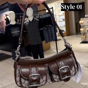These are the Coach Ashton Shoulder Bags in signature jacquard and smooth leather, featuring distinctive front buckle pockets and detachable straps.