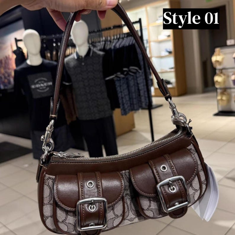 These are the Coach Ashton Shoulder Bags in signature jacquard and smooth leather, featuring distinctive front buckle pockets and detachable straps.