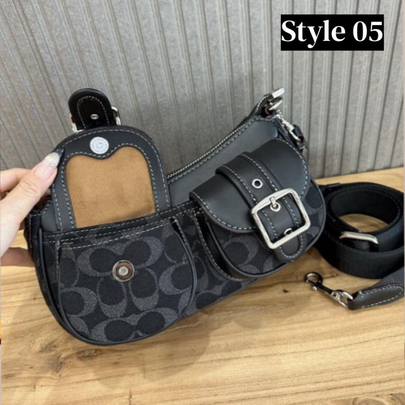These are the Coach Ashton Shoulder Bags in signature jacquard and smooth leather, featuring distinctive front buckle pockets and detachable straps.