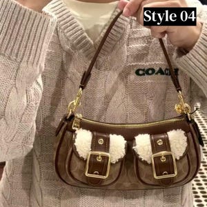 These are the Coach Ashton Shoulder Bags in signature jacquard and smooth leather, featuring distinctive front buckle pockets and detachable straps.