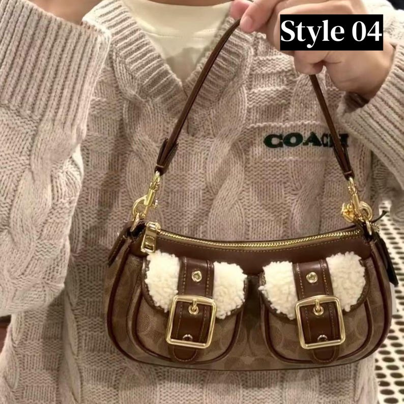 These are the Coach Ashton Shoulder Bags in signature jacquard and smooth leather, featuring distinctive front buckle pockets and detachable straps.