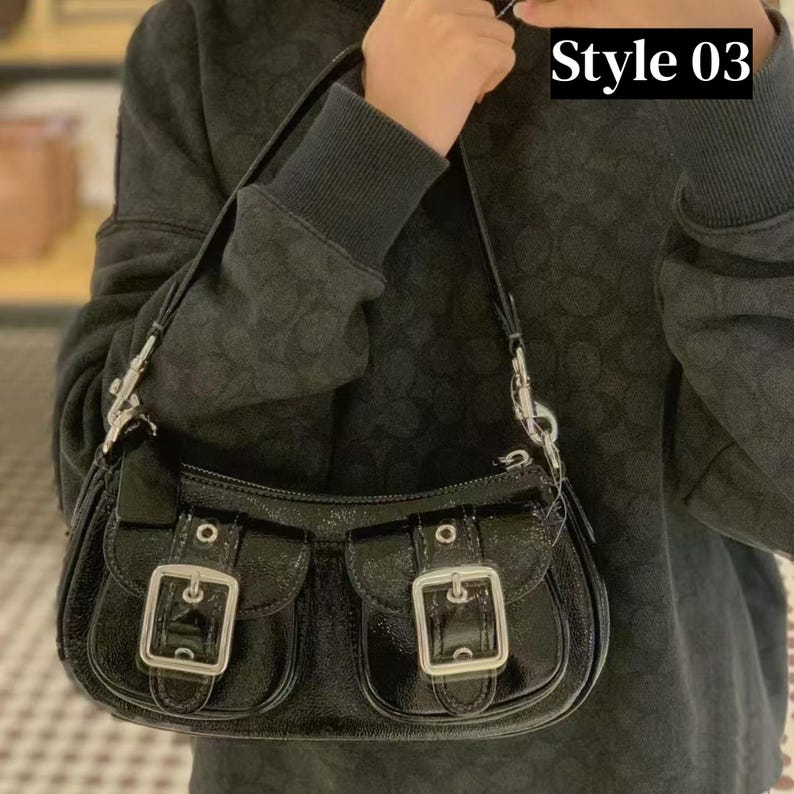 These are the Coach Ashton Shoulder Bags in signature jacquard and smooth leather, featuring distinctive front buckle pockets and detachable straps.