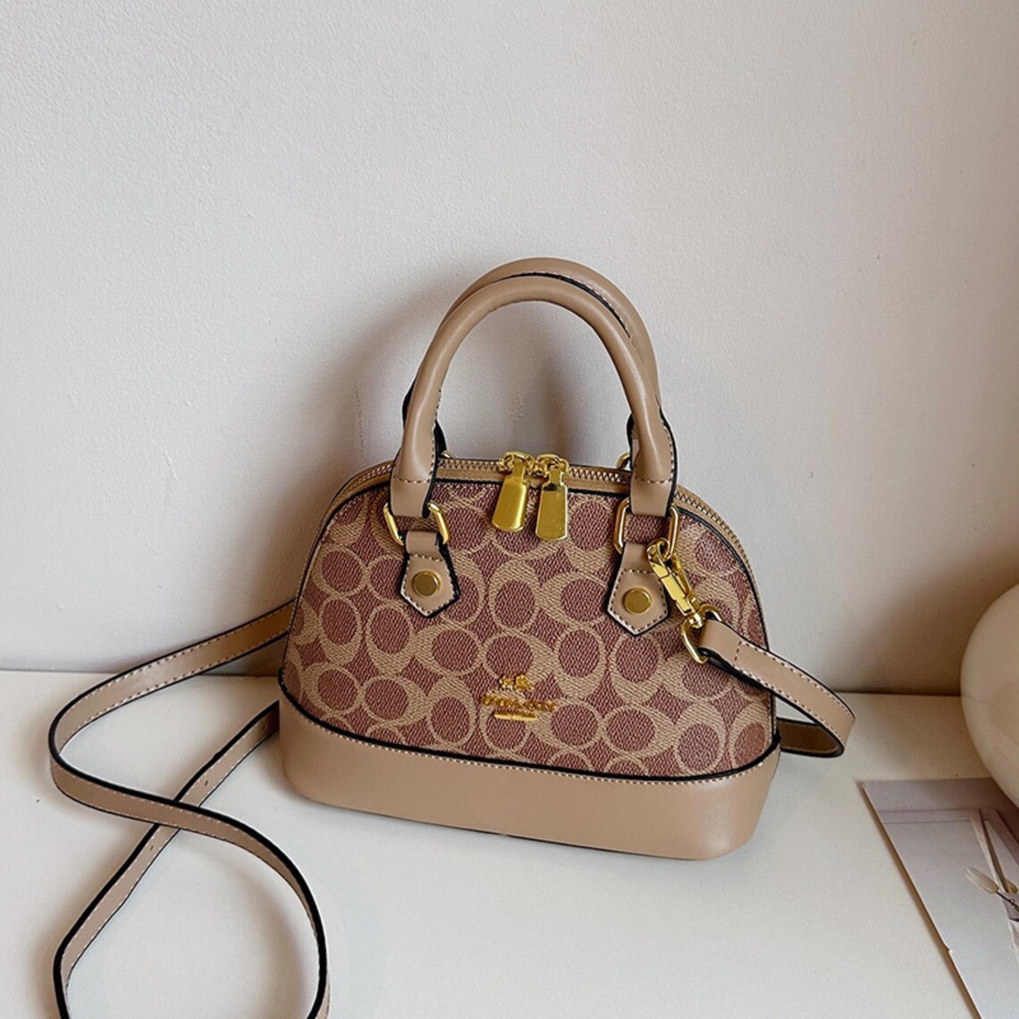 Mini Satchel Bag, Signature Print Crossbody Purse, Structured Top Handle Handbag, foto 4 di 5