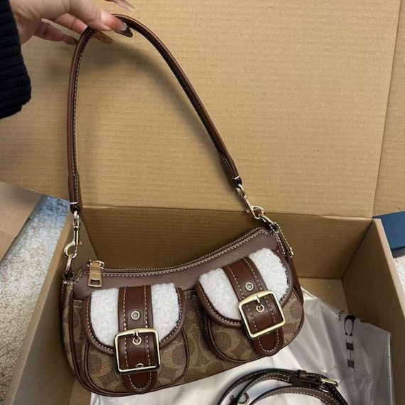 90s style Bag Brown Signature Canvas Shearling Shoulder Bag