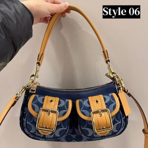 These are the Coach Ashton Shoulder Bags in signature jacquard and smooth leather, featuring distinctive front buckle pockets and detachable straps.