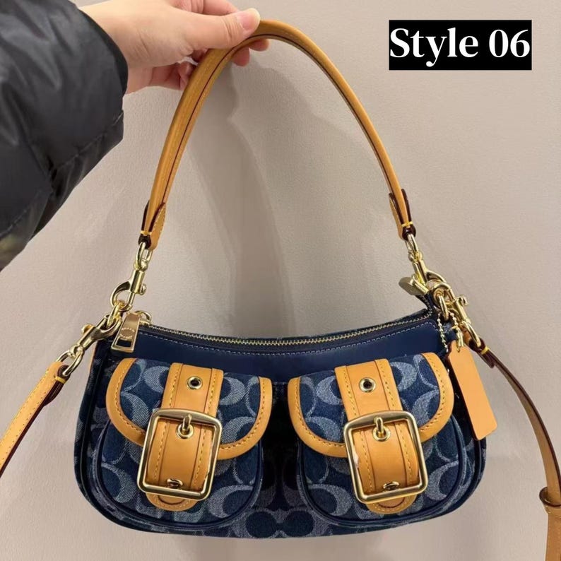 These are the Coach Ashton Shoulder Bags in signature jacquard and smooth leather, featuring distinctive front buckle pockets and detachable straps.