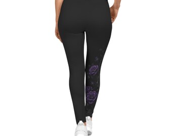 Purple Rose Vine Leggings | Black Floral Leggings