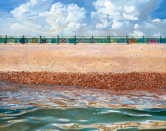 Marine Mirror, beach and clouds reflected in water on Brighton beach Giclee print