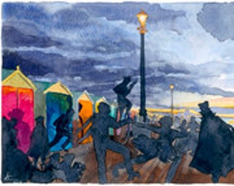 Dancing figures Brighton Beachhuts, Watercolour Giclée print