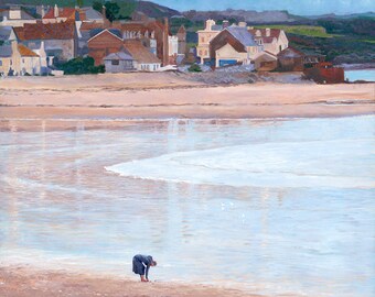 Treasure hunt on beach, Marazion, Giclée print