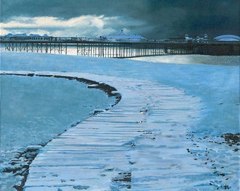 Snow on the boardwalk with Brighton pier, Giclée print