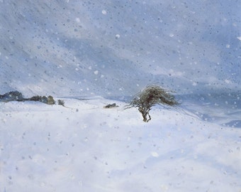 The twig collector in the snow - windswept tree on the Downs - Giclée print