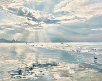 Silver sands, beach at low tide in the early morning. Giclee print