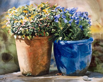 Flowerpots leaning towards eachother, Watercolour Giclée print