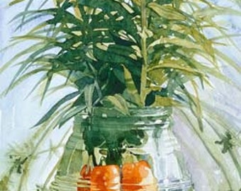 Carrots & flowers in a vase on picnic bench, Watercolour Giclée print