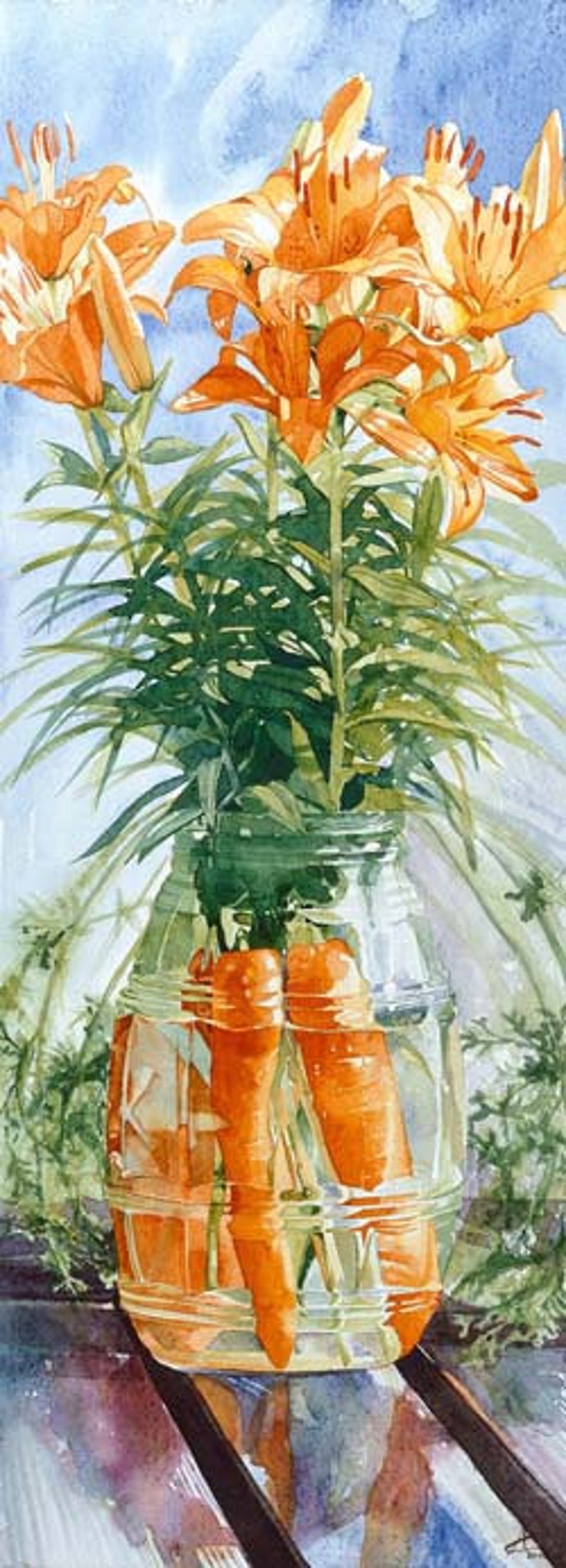 Carrots & flowers in a vase on picnic bench, Watercolour Giclée print image 1