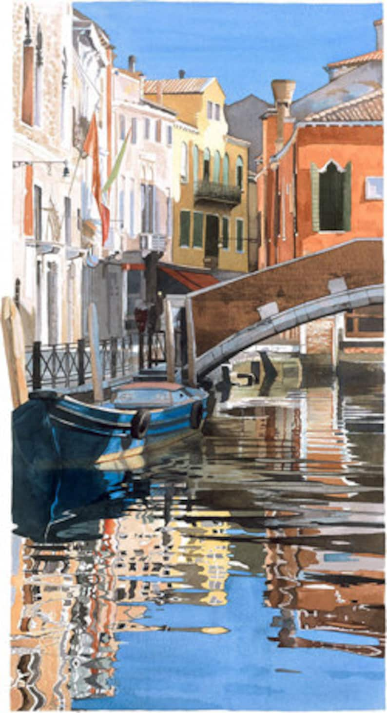 Watercolour Giclée print Venetian houses reflected in water, with bridge and boat image 1