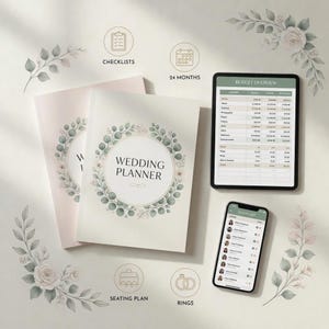 Peut inclure: Un carnet de planification de mariage avec une couverture ornée d'une couronne florale, une tablette affichant un budget et un smartphone montrant une liste d'invités. Des icônes pour les listes, 24 mois, plan de table et bagues sont présentes.