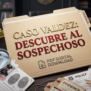 May include: A tan file folder labeled CASO VALDEZ: DESCUBRE AL SOSPECHOSO with PDF DIGITAL DOWNLOAD text. Includes a magnifying glass over suspect photos, fingerprint cards, police reports, evidence tags, and yellow DO NOT CROSS crime scene tape.