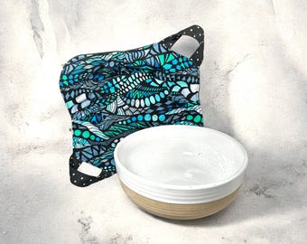Bowl Cozy with Handles, Regular size 6", Microwaveable Bowl Cover, Blue Black Soup Bowl Ice cream cozies, Pot Holder, Kitchen Accessory