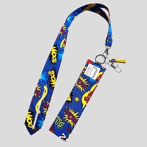 Ready To Ship! Comics Lanyard & Pen Holder Keychain Gift Set. Accessory for Teacher Nurse. Wristlet Strap Badge Clip Accessory ID Bag blue
