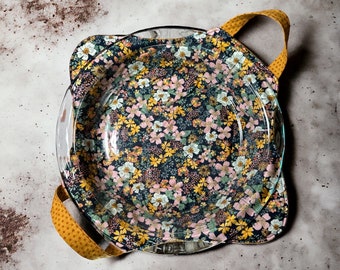 Tazón de pasta/pie acogedor de 9" o portador de platos de cena de 10" con asas, soporte para ollas de cocina, cubierta para microondas, soporte para platos calientes con gancho, flores