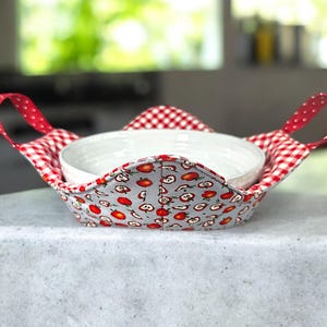 Puede incluir: Un protector de cuenco de gingham rojo y blanco con tela estampada de manzanas y asas rojas. El protector de cuenco contiene un cuenco de cerámica blanco.