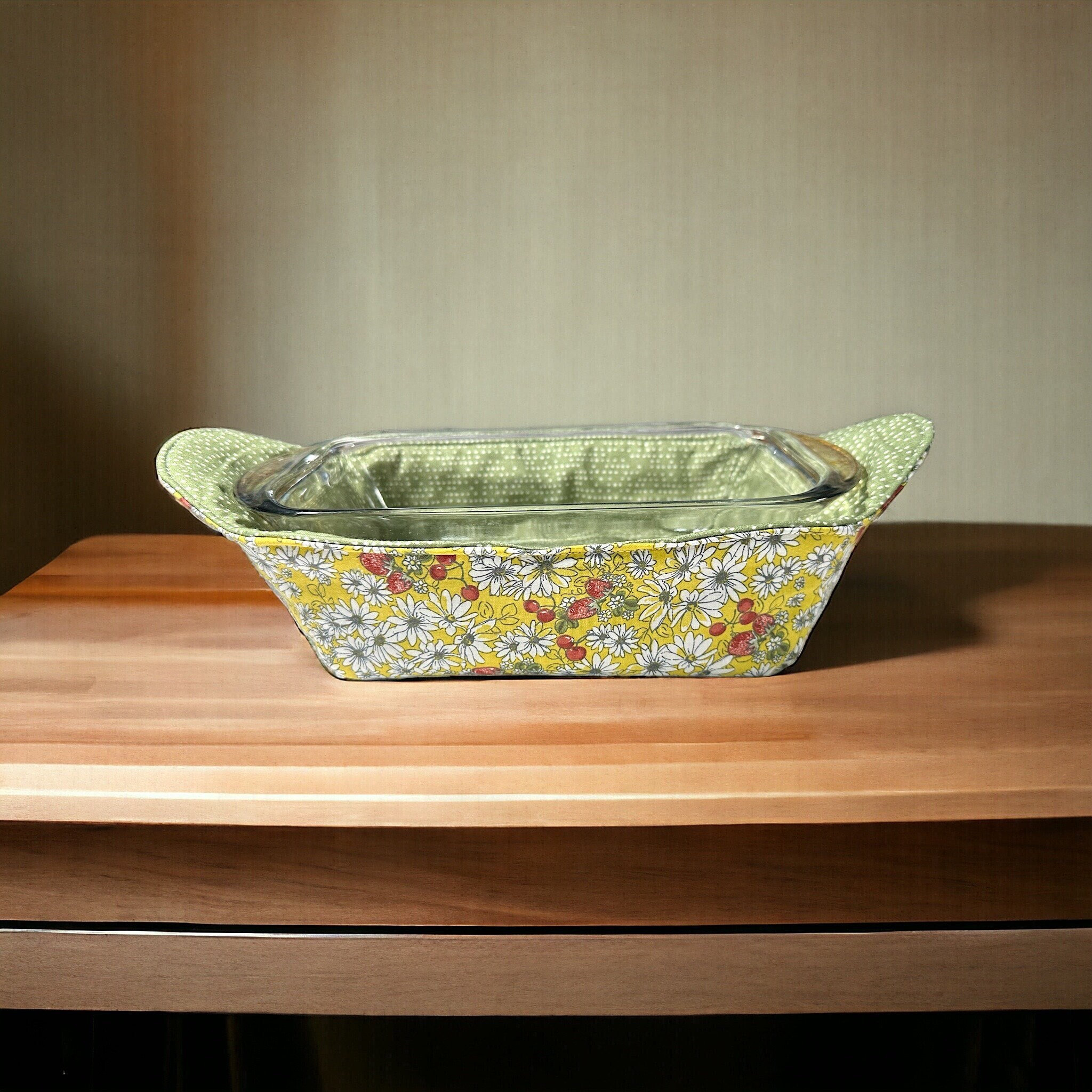READY TO SHIP Bread Pan Cozy w/ Handle covers, Microwaveable Hot Pad, Meatloaf Cake pan, Floral Pot Holder, Pyrex, yellow green fruit daisy