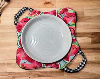 9" Pasta Bowl/Pie Cozy or 10" Dinner Plate Carrier with Handles, Kitchen Pot Holder, Microwave Cover, Hot dish holder with Hook, Watermelons