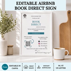 Może przedstawiać: Biała tablica w ramce z napisem "BOOK DIRECT" i "STAY CONNECTED", kodem QR, ikonami mediów społecznościowych dla TikTok, Instagram i X oraz linkiem do strony internetowej. Tablica zawiera instrukcje użycia aparatu do odkrywania ofert.